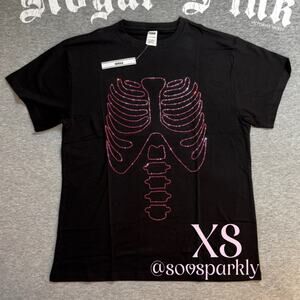 VS PINK Carmine Rose Bling Halloween Skeleton Campus Short Sleeve T-Shirt - MD
